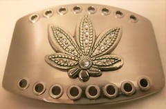 4&Prime; x 3&Prime; Stainless Steel w/Rhinestones Marijuana / Pot Leaf Belt Buckle