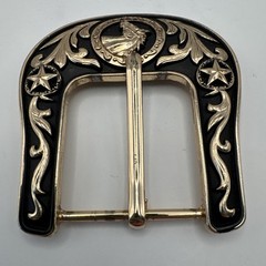 Western Belt Buckle Two Tone Gold Black Horse Stars Rodeo Wear