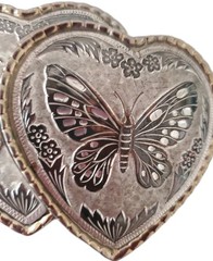 Vintage 70s DOUBLE HEARTS belt buckle W USA Butterfly Floral Golden Silver Tone