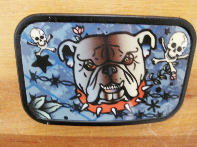 Belt Buckle Black Metal Bulldog with Spiked Collar and skull and crossbones
