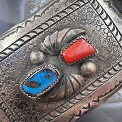 Vintage Richard Henry Yazzie Native American Silver Turquoise &Coral Belt Buckle