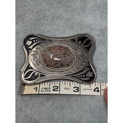 Vintage Western Silver Tone Lace Agate Stone Belt Buckle Scroll Floral Design