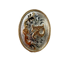 Western Initial Belt Buckle 3.5 x 2 5/8 in Oval R Silver Engraved Gold 1.75