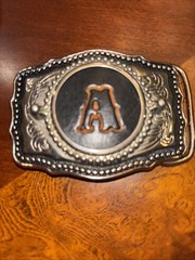 Western Belt Buckle Monogram Letter A Silver Tone With Leather Very nice!