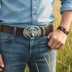 Men Western Belt Buckle Silver Metal Bear Hunter Country Chic Casual Jeans Pants