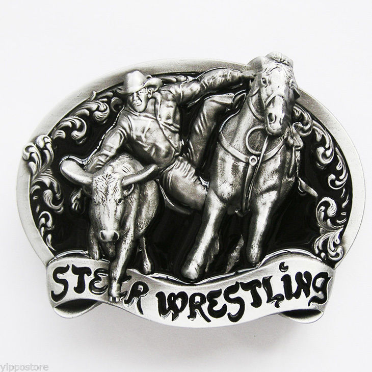 Steer Wrestling Cowboy Rodeo Western Black Enamel Metal Belt Buckle