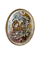 Western Initial Belt Buckle 3.5 x 2 5/8 in Oval R Silver Engraved Gold 1.75