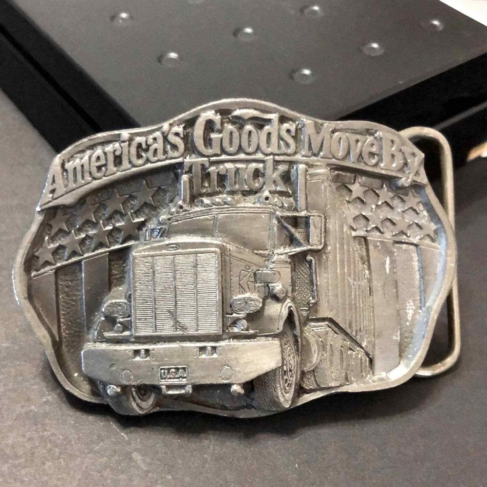 Vintage VTG America’s Goods Move By Truck Trucking Pewter Tone 3D Belt Buckle