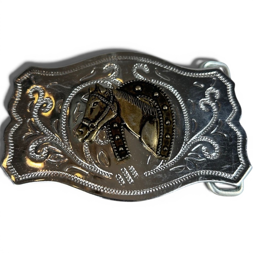 Vintage Western Horse Head Belt Buckle Silver Tone Floral Engraved Two Tone Mens