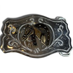 Vintage Western Horse Head Belt Buckle Silver Tone Floral Engraved Two Tone Mens