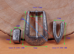 22mm Vintage Silver Flower Engraved Cowboy Western 3 piece belt Pin buckle Set
