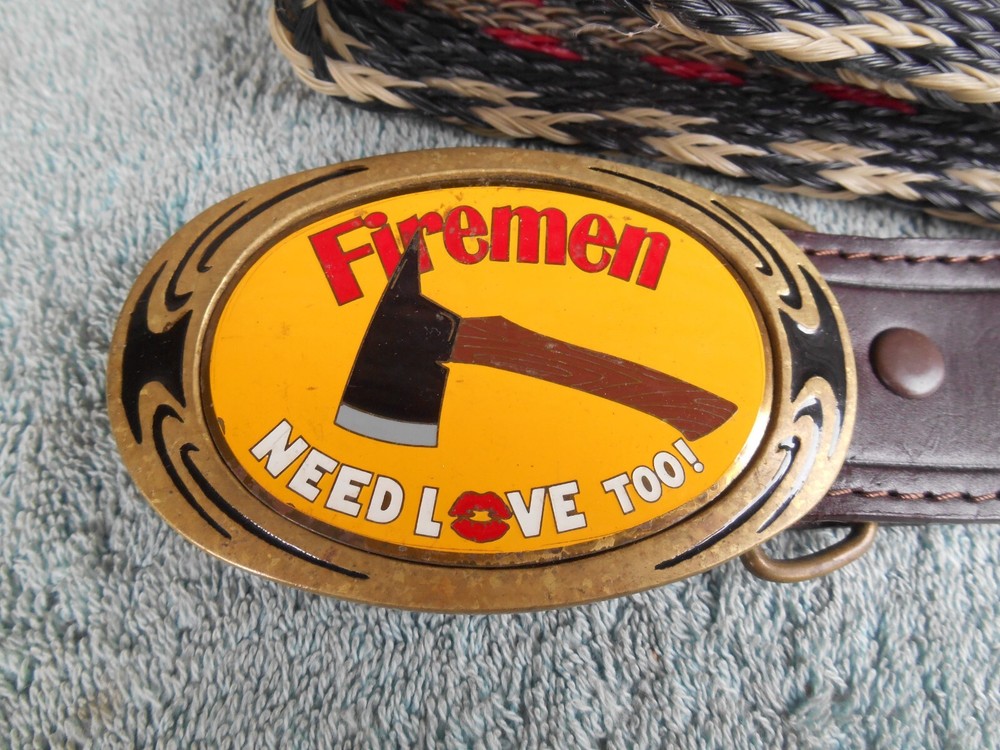 VINTAGE FIREMEN NEED LOVE TOO BRASS BELT BUCKLE WITH RESISTOL BELT SIZE 44