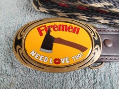 VINTAGE FIREMEN NEED LOVE TOO BRASS BELT BUCKLE WITH RESISTOL BELT SIZE 44