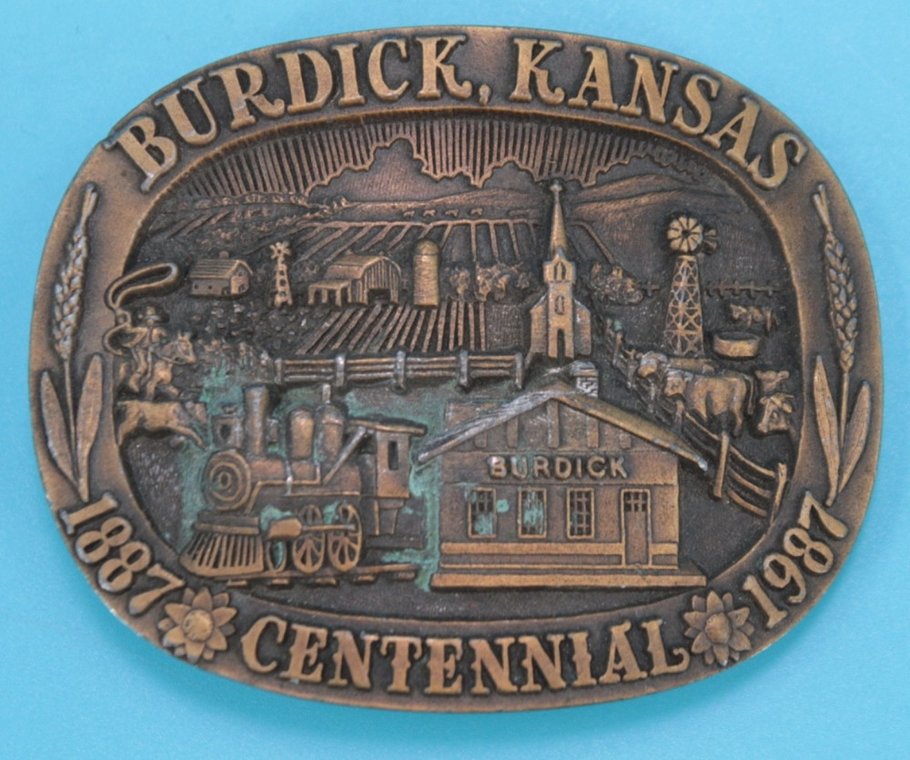 VTG 80s Burdick Kansas 1987 Centennial Commemorative Western Belt Buckle