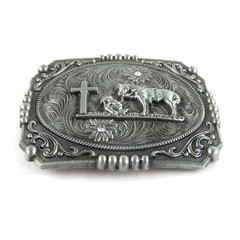 Western Floral Belt Buckle Praying Cowboy Kneeling at Cross Antique Silver Tone