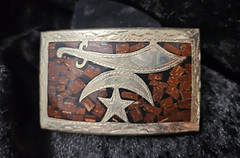 SHRINER Vintage Mexico SilverTone Brown/Black Inlay Star Sword Belt Buckle
