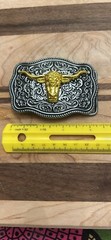Western Flower Pattern Longhorn Bull Metal Belt Buckle