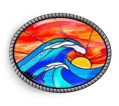 Summer Sunset Belt Buckle – Stained Glass Art Ocean Waves Handmade Resin Buckle