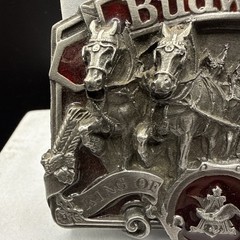 Vintage Budweiser Clydesdale King of Beers Belt Buckle red enameled pewter