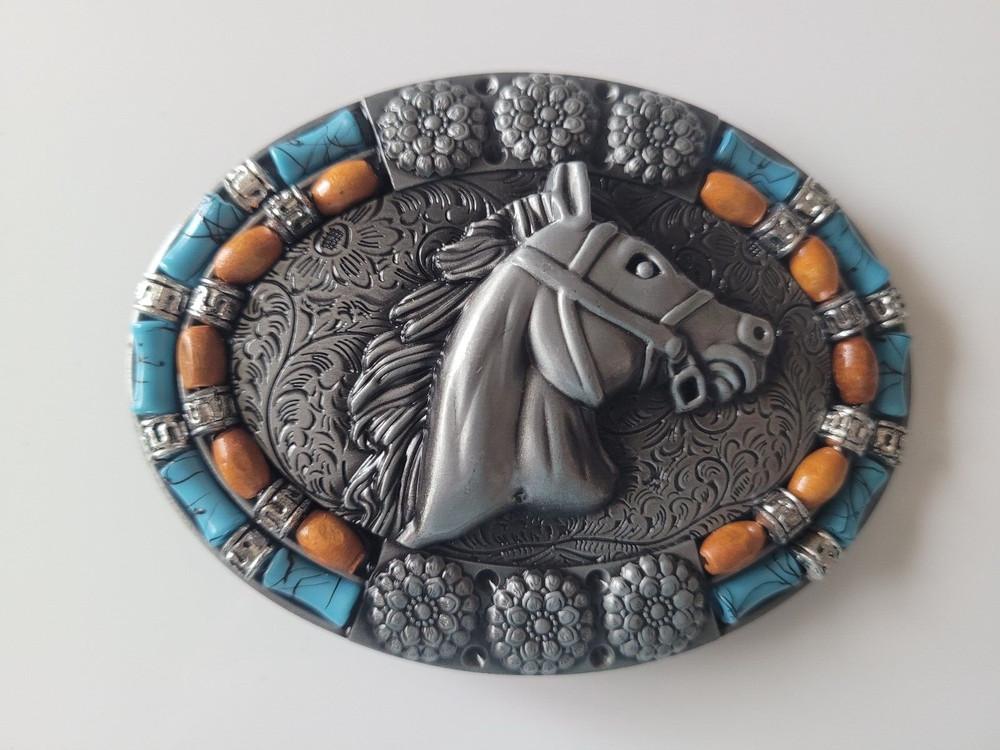 Silver Finish 4&Prime; Buckle Western Belt Buckle W/ Turquoise Stone Horse