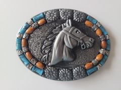 Silver Finish 4&Prime; Buckle Western Belt Buckle W/ Turquoise Stone Horse