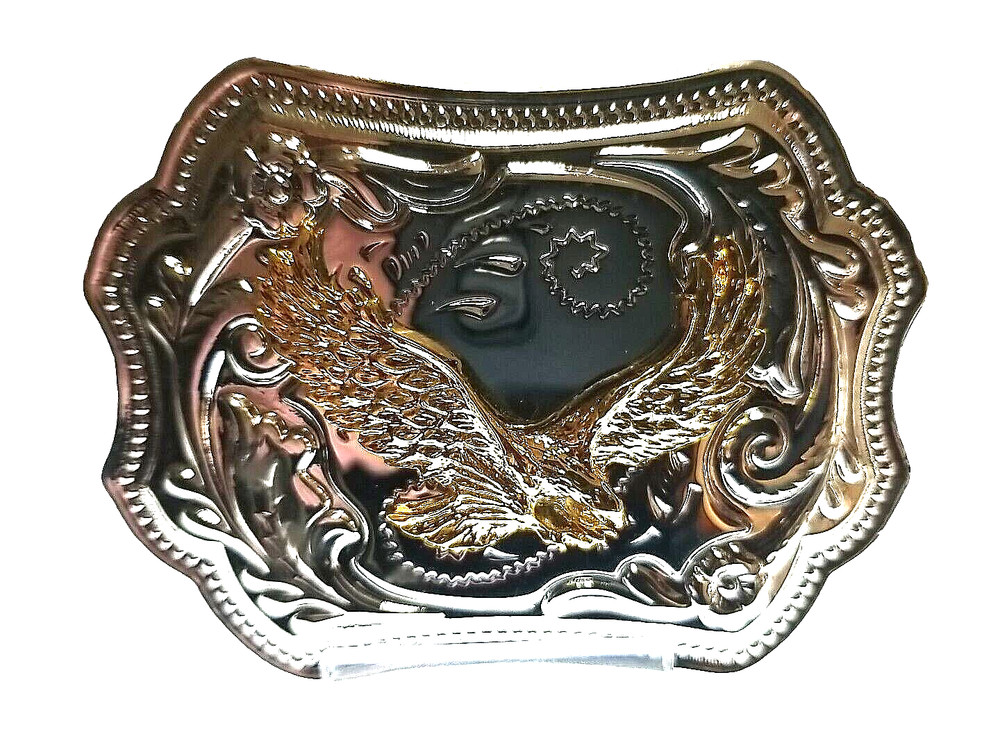 FLYING EAGLE Belt BUCKLE Gold on Silver Rectangular Metal Western/Biker/USA