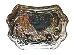 FLYING EAGLE Belt BUCKLE Gold on Silver Rectangular Metal Western/Biker/USA