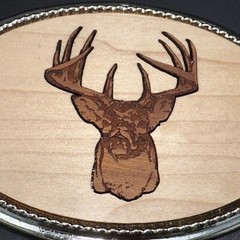 Buck Deer Belt Buckle Unbranded Two Tone Laser Cut Wood in Silver Tone Frame