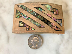VTG ALPACA SILVER BELT BUCKLE ABALONE SHELL INSET ENGRAVED ARCHED SIGN