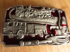 Vintage 1985 Americas Firefighters Metal Belt Buckle Red Enamel Sisikiyou FD USA