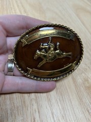 Vtg Western Belt Buckle Bucking Bronco Rodeo Steer Brown Enamel German Silver