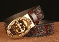 Lyqqine Men&rsquo;s Leather Ratchet Belt Ethnic 125cm, Grass Carving Anchor Brown