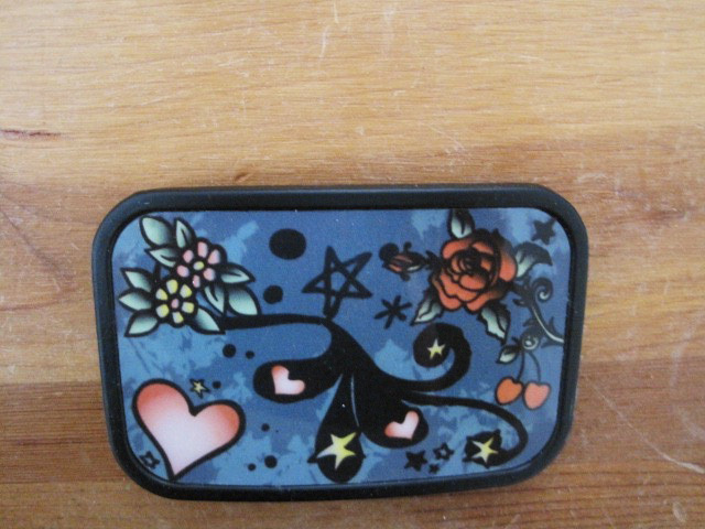 Belt Buckle Black Metal Hearts and Flowers pink gray and black on black metal