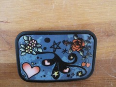 Belt Buckle Black Metal Hearts and Flowers pink gray and black on black metal