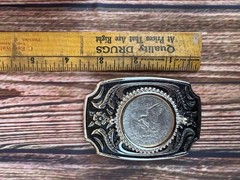 Western Belt Buckle Eagle Coin Design Silver Tone Floral Engraved USA