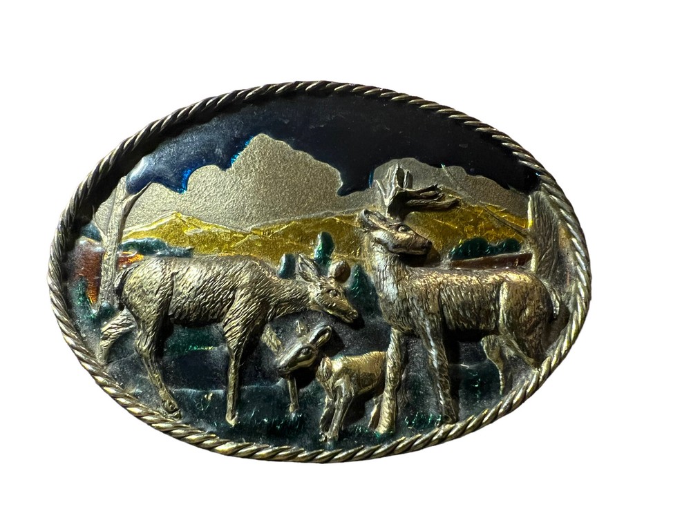 Vtg The Great American Buckle Co Seria 1980 Buck Deer Enamel Oval Belt Buckle