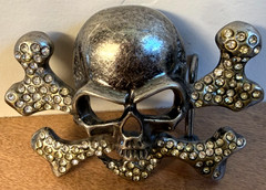 FREE SHP Skull & Crossbones Skeleton Belt Buckle Silver Metal Rhinestone Biker