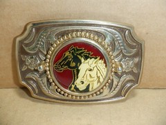 1980s HORSES BLACK & WHITE BELT BUCKLE MADE USA GOLD METAL RESIN VINTAGE