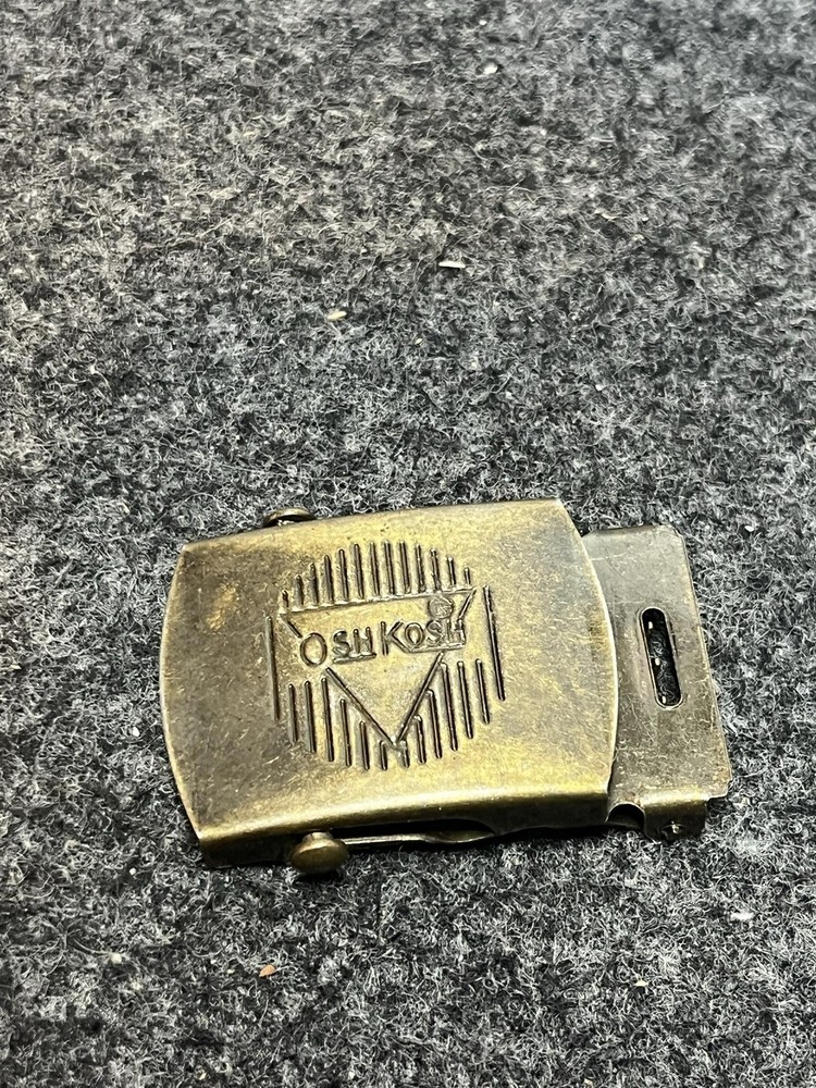 Vintage OshKosh Belt Buckle Mens Gold Brass Rectangular Clamp Logo Made In USA