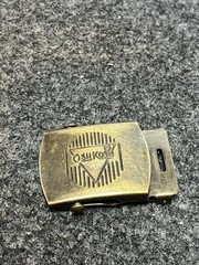 Vintage OshKosh Belt Buckle Mens Gold Brass Rectangular Clamp Logo Made In USA