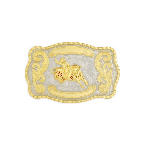 1 1/2&Prime; Big Gold Bull Rider Western Belt Buckle – Style 2. 5 1/2&Prime; x 3 7/8&Prime;.