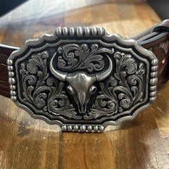 42” Western Style Bull Skull Belt Buckle Etched Brown Design Cowboy Belt
