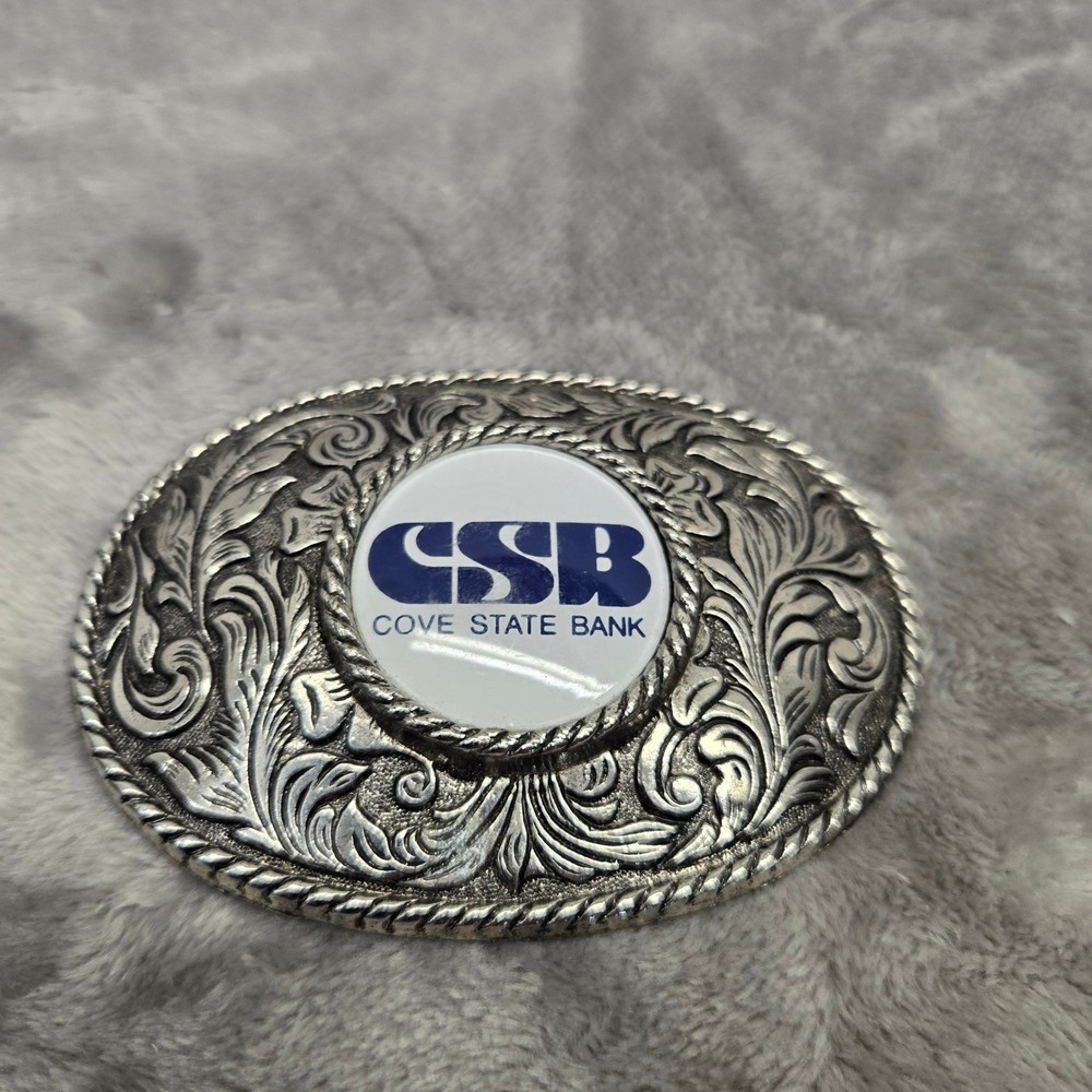 Cove State Bank CSB Belt Buckle Silver Tone Floral Western Scroll Oval Vintage