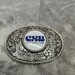 Cove State Bank CSB Belt Buckle Silver Tone Floral Western Scroll Oval Vintage
