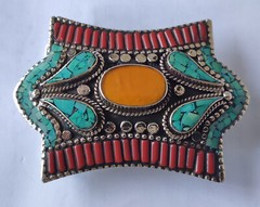 Tibetan Silver Buckle Leather Belt waist trap Turquoise Coral Clasp, BB8