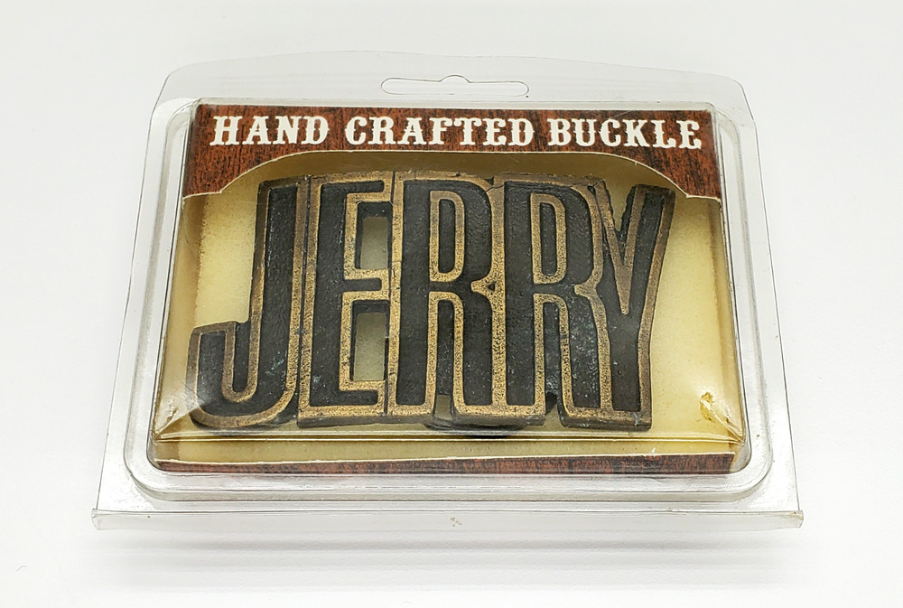 Vintage 1970&rsquo;s Brass Belt Buckle – JERRY – Cut Name – w/ Original Packaging