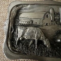 Vintage 1983 Bergamot Brass Works Cow Barn Farm Belt Buckle Pewter Size Farmcore