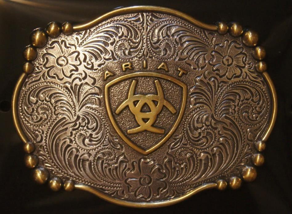 Ariat Western Belt Buckle Rectangle Floral Logo Silver & Gold Tone A37019