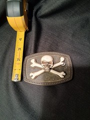 SKULL & CROSSBONES JOLLY ROGER BELT BUCKLE W/ RAISED SKULL & BONES 41/2 BY 3 IN