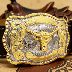 Western Belt Buckle Bull Head Longhorn Cowboy Rodeo Gold Tone Men Big 5.5&Prime; x 4&Prime;